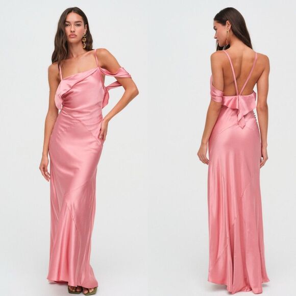 NWT For Love & Lemons Draped Plunge Neck Asymmetric James Maxi Dress Pink Small